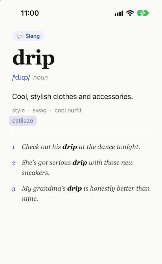 A word card in WordCue: drip, with its meaning, the Spanish translation estilazo and three examples