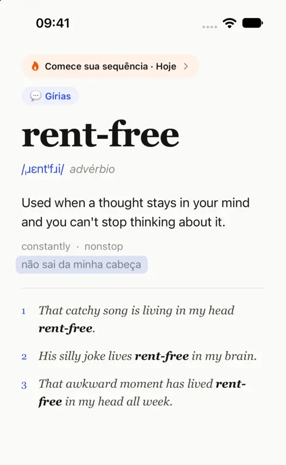 Uma palavra no WordCue: rent-free, com significado, tradução e três exemplos